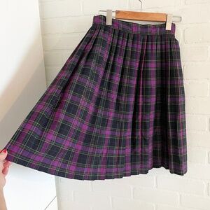 Vintage Midi Skirt Pleated Plaid Academia School prep Purple Green Sz 10 Petite